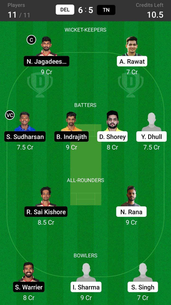 Grand League Dream11 Team Prediction DEL vs TN