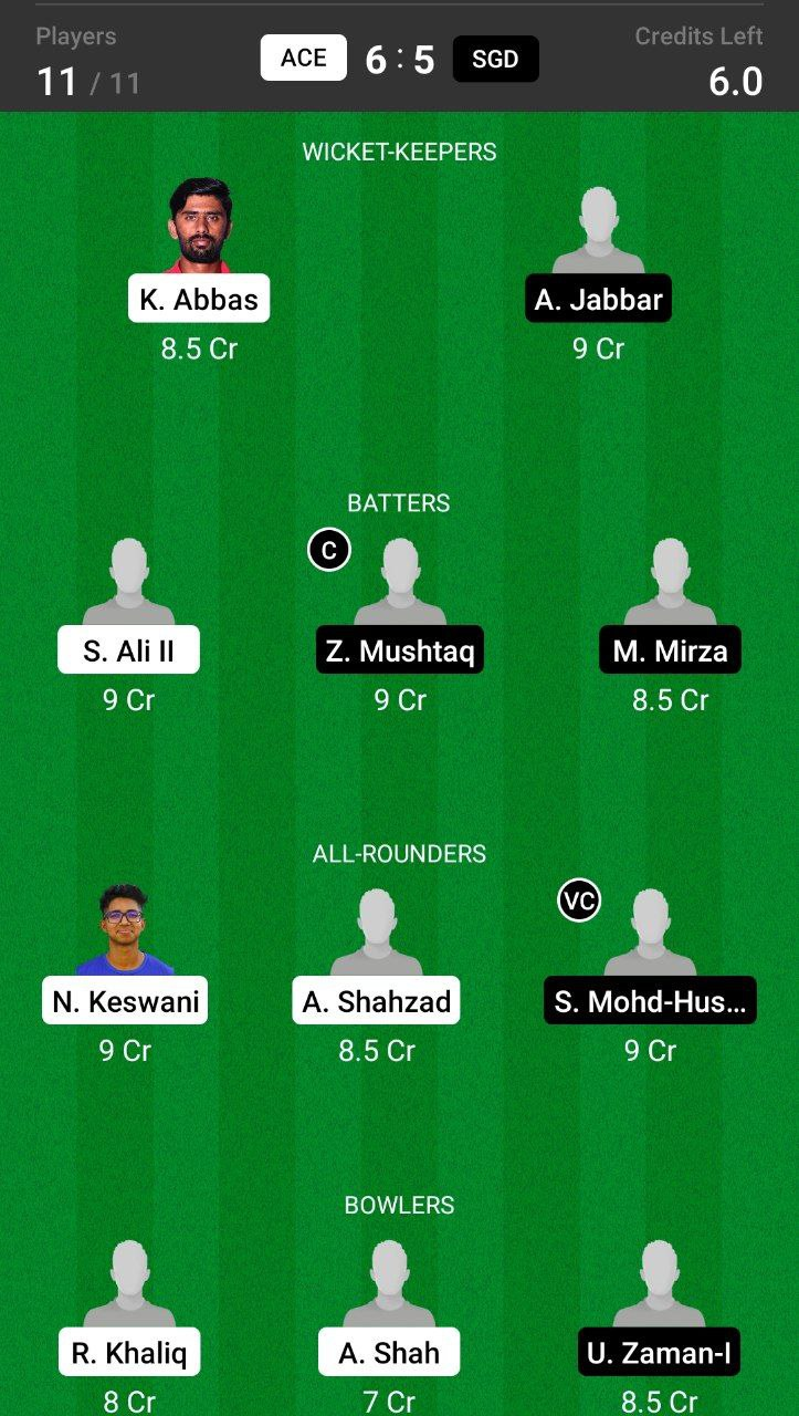 Grand League Dream11 Team Prediction ACE vs SGD 