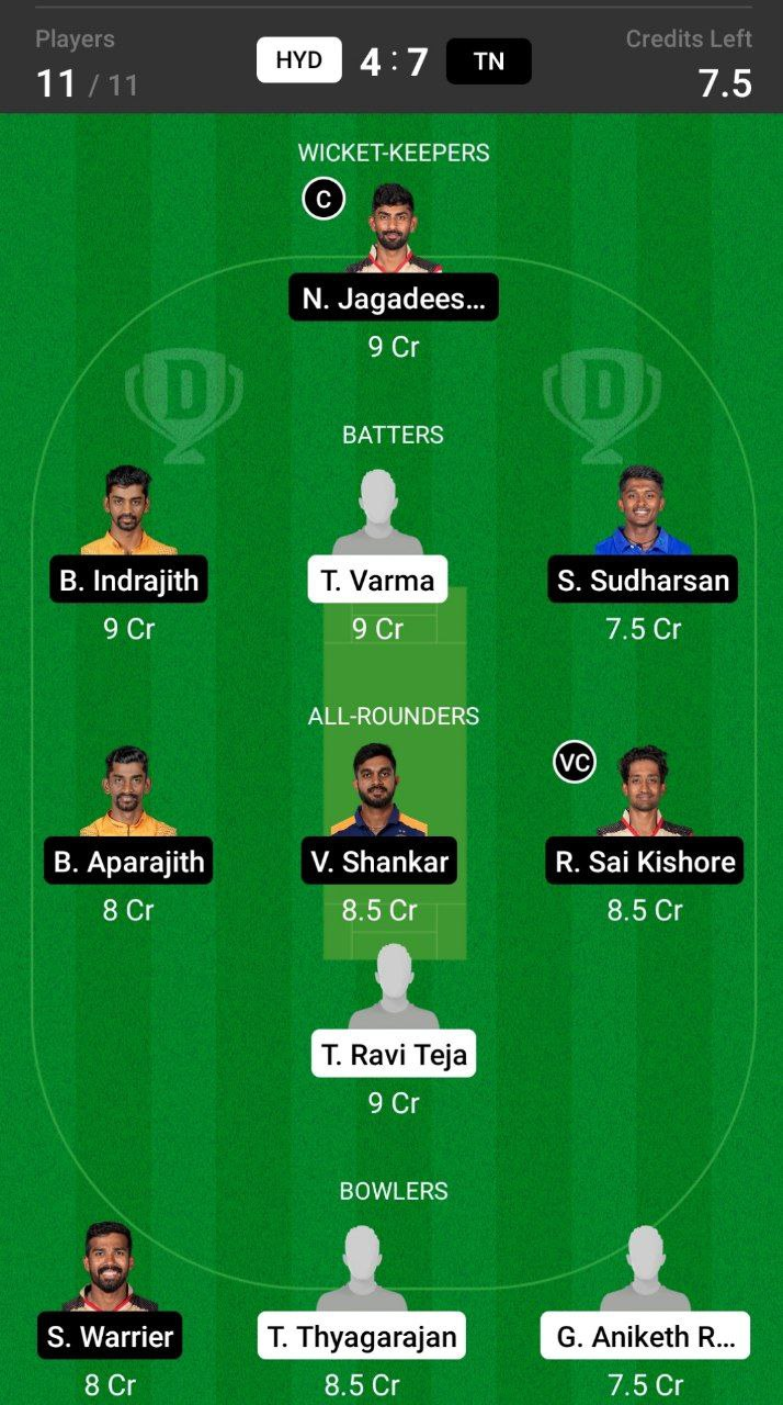 Grand League Dream11 Team Prediction HYD vs TN