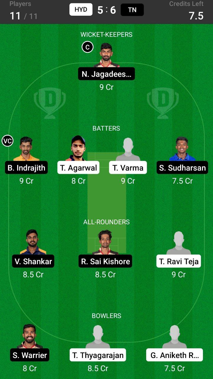 Head-to-Head Dream11 Team Prediction HYD vs TN