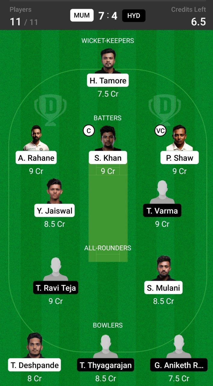 Head-to-Head Dream11 Team Prediction MUM vs HYD