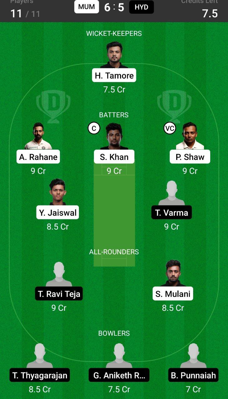 Grand League Dream11 Team Prediction MUM vs HYD