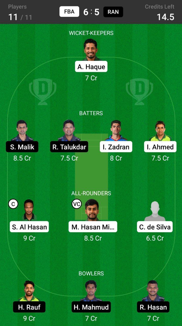 Grand League Dream11 Team Prediction FBA vs RAN