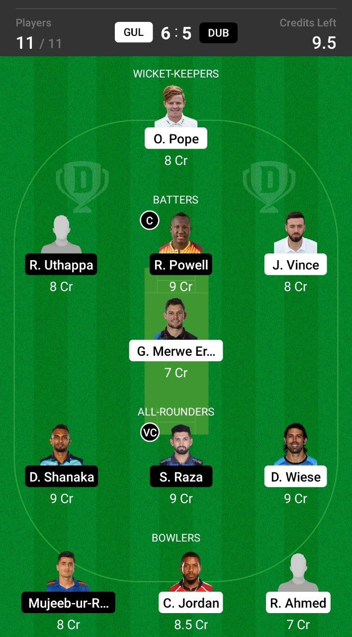 Grand League Dream11 Team Prediction GUL vs DUB