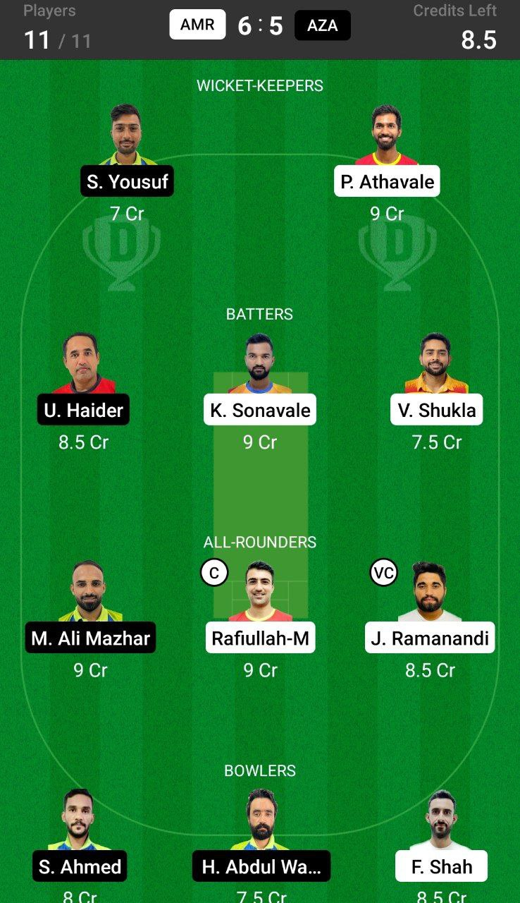 Head-to-Head Dream11 Team Prediction AMR vs AZA