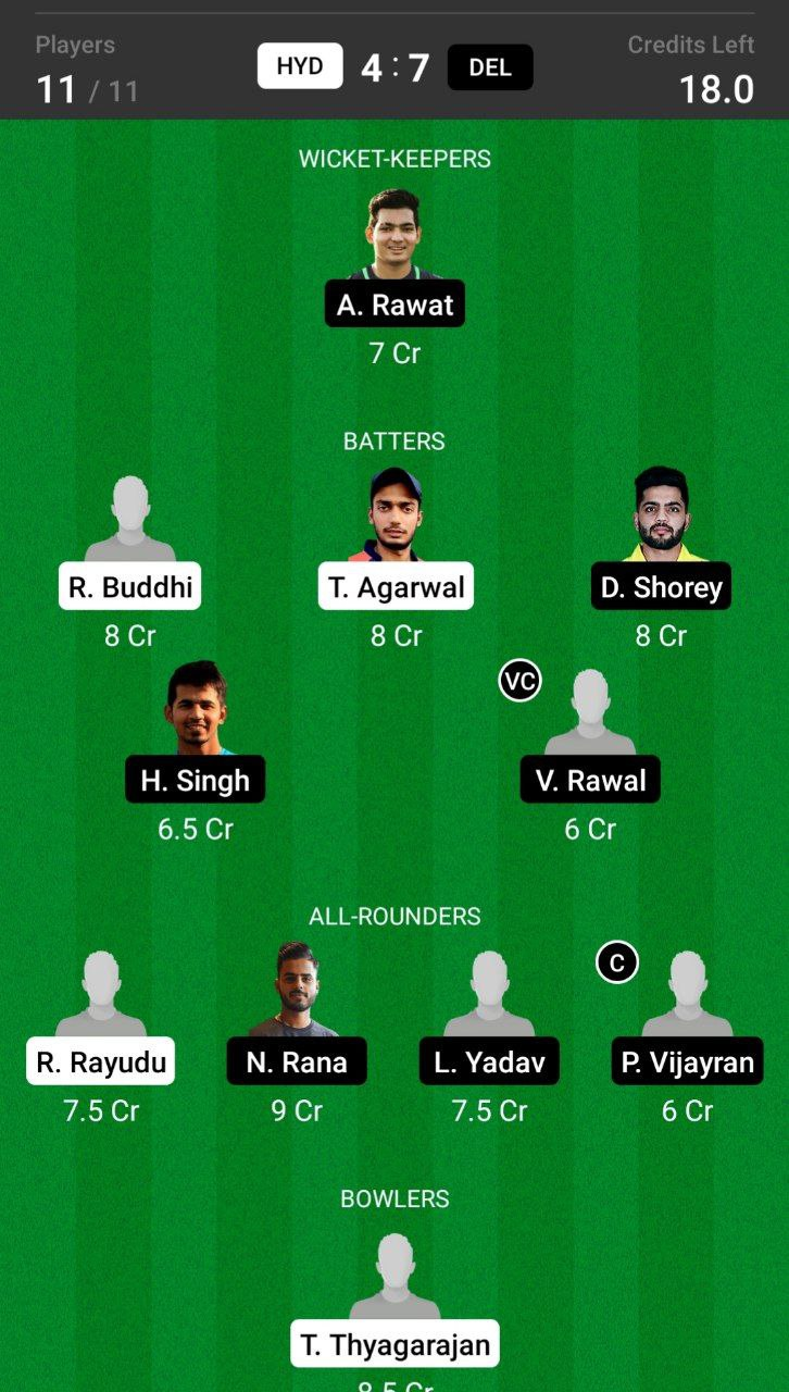 Head-to-Head Dream11 Team Prediction HYD vs DEL