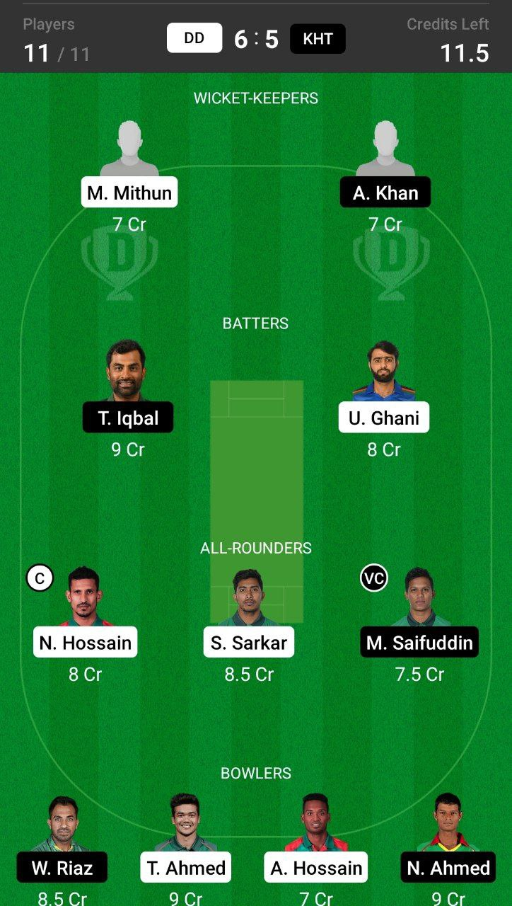 Head-to-Head Dream11 Team Prediction DD vs KHT