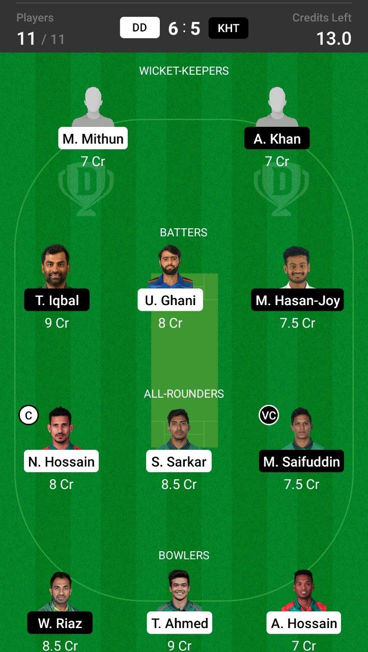 Grand League Dream11 Team Prediction DD vs KHT