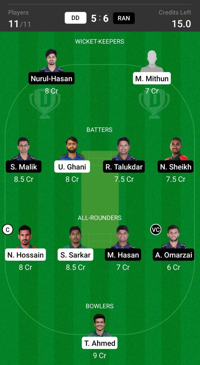 Grand League Dream11 Team Prediction DD vs RAN