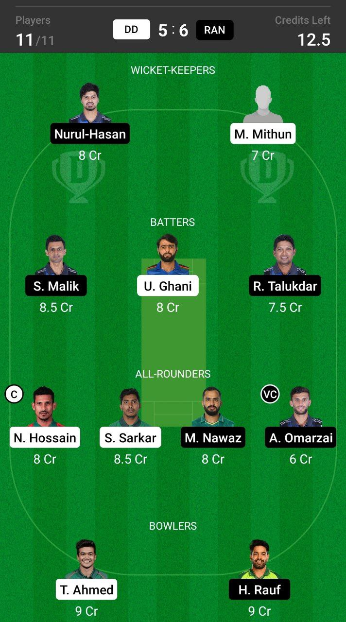 Head-to-Head Dream11 Team Prediction DD vs RAN