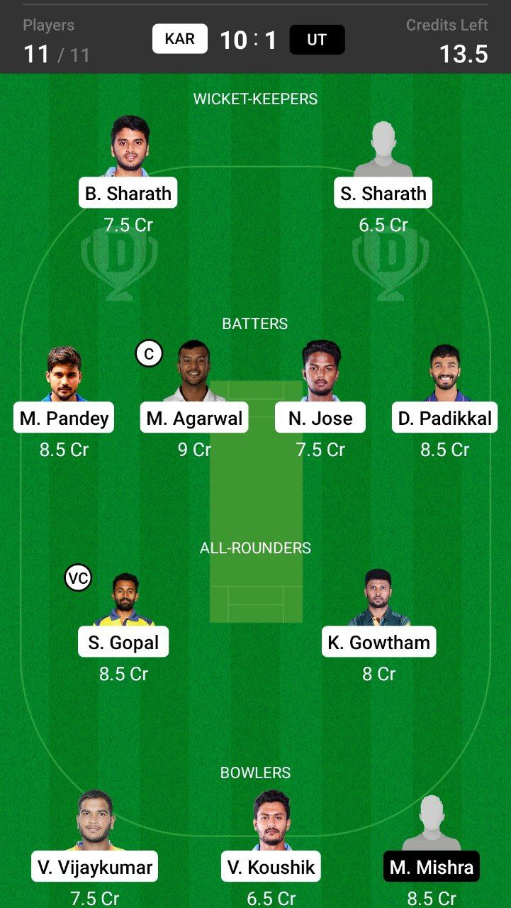 Head-to-Head Dream11 Team Prediction KAR vs UT