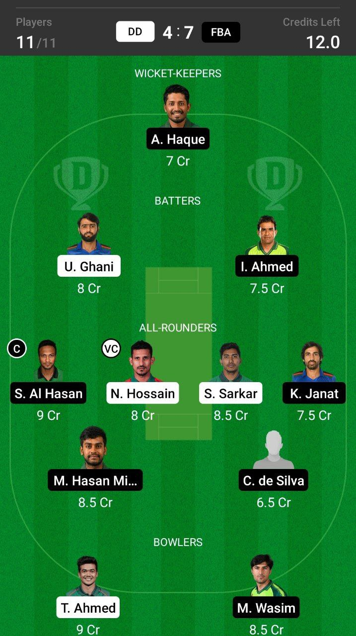 Grand League Dream11 Team Prediction DD vs FBA