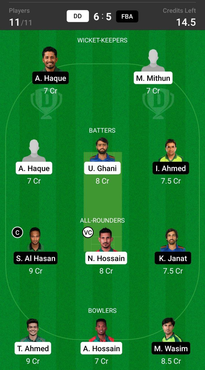 Head-to-Head Dream11 Team Prediction DD vs FBA