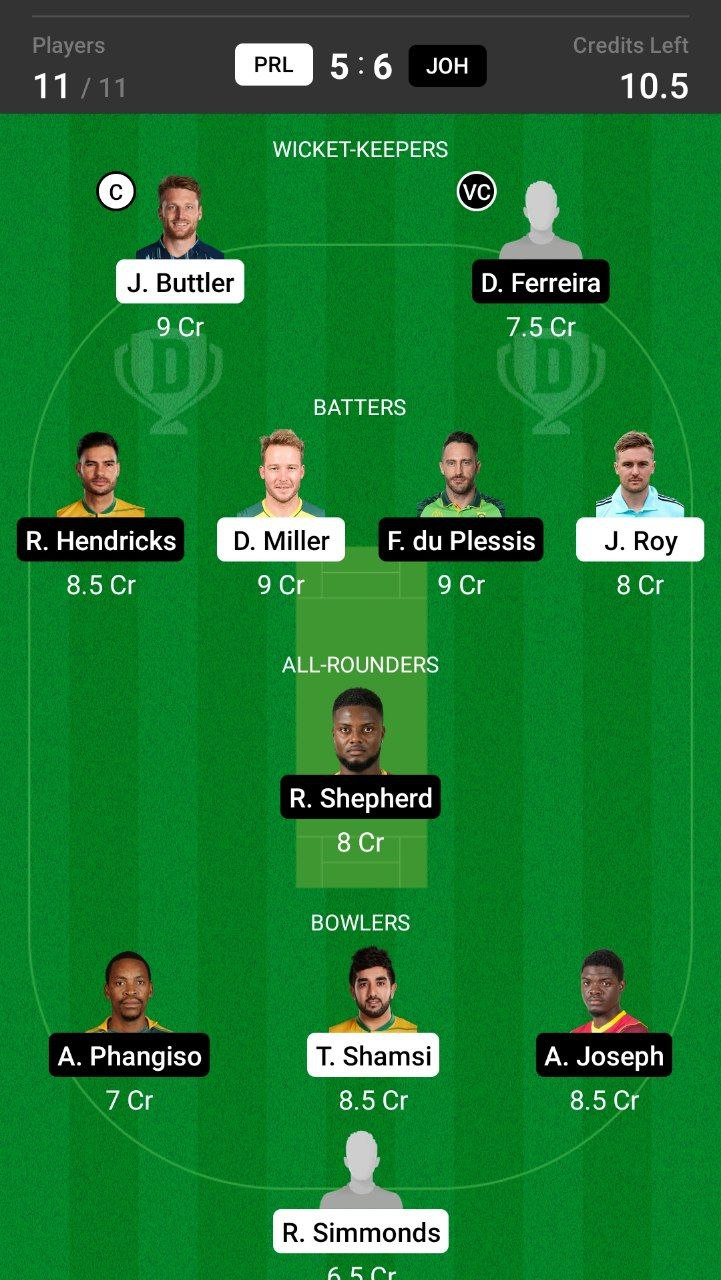 PRL vs JOH Dream11 Prediction Head To Head Team