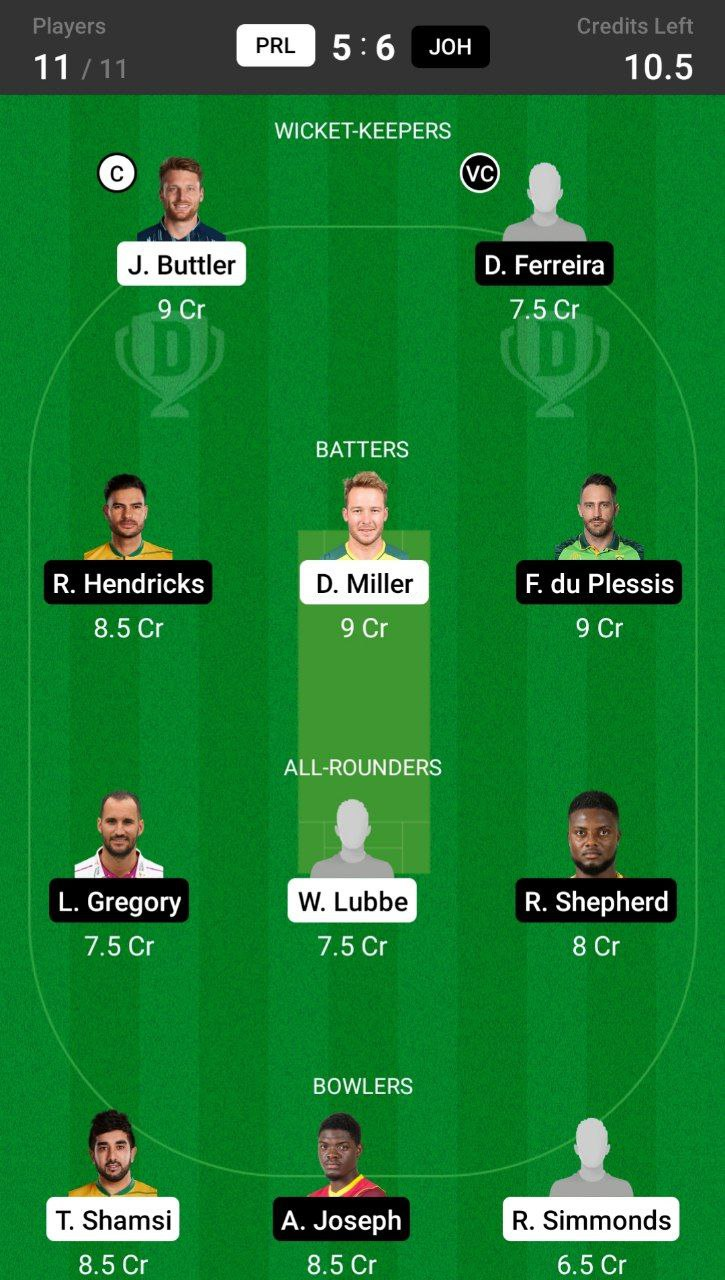 PRL vs JOH Dream11 Prediction Grand League Team