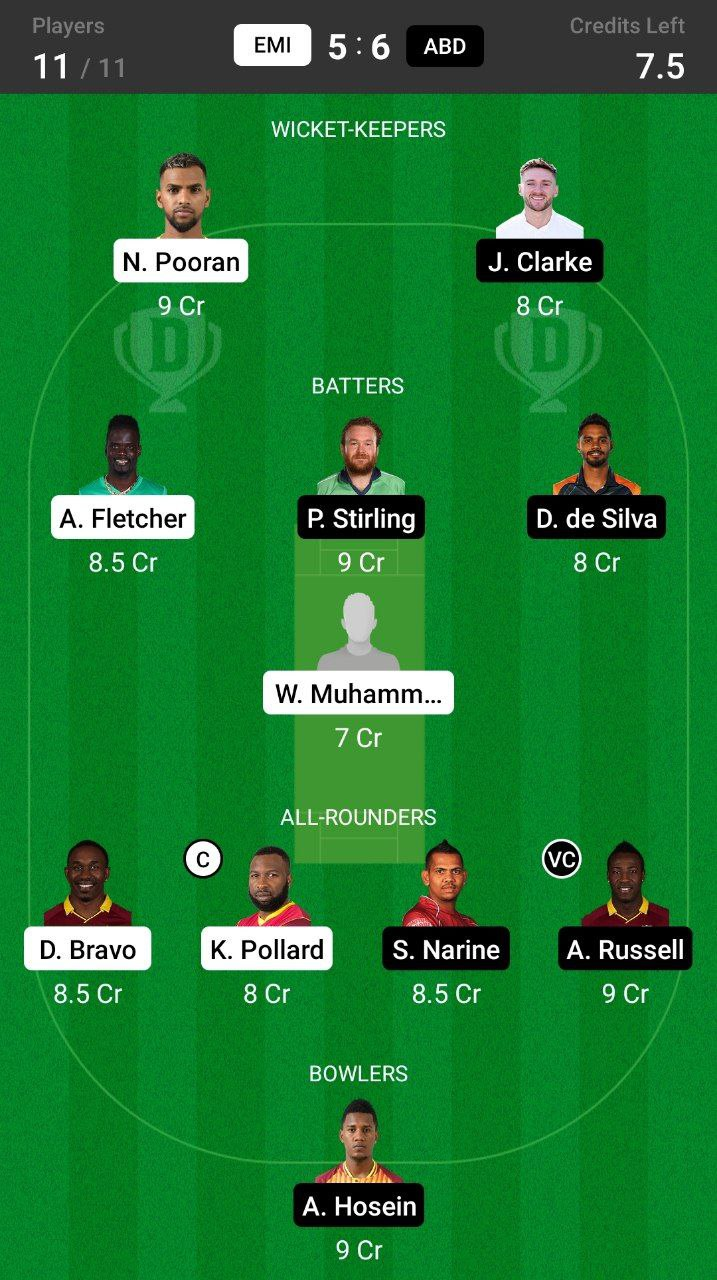 Grand League Dream11 Team Prediction EMI vs ABD