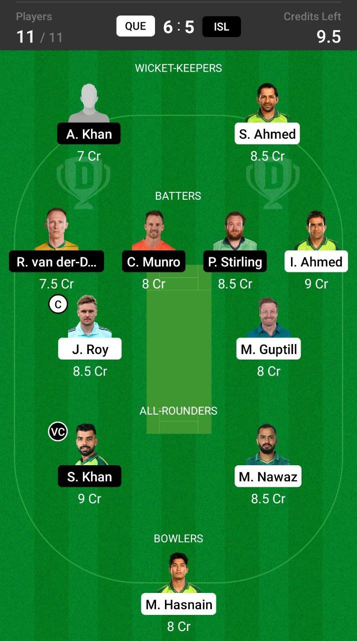 Head-to-Head Dream11 Team Prediction QUE vs ISL