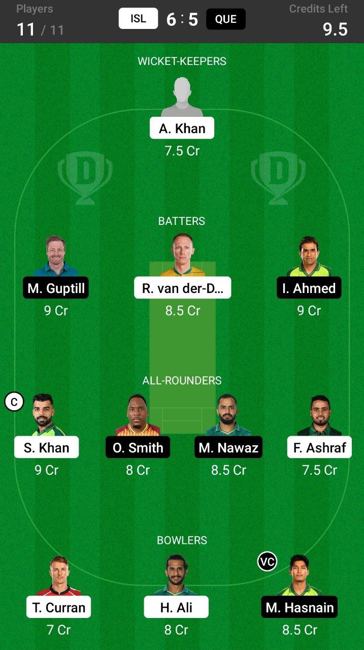 Grand League Dream11 Team Prediction ISL vs QUE 