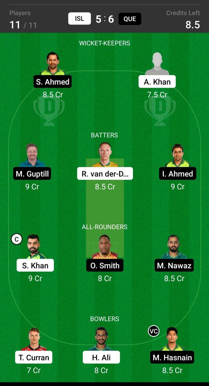 Head-to-Head Dream11 Team Prediction ISL vs QUE