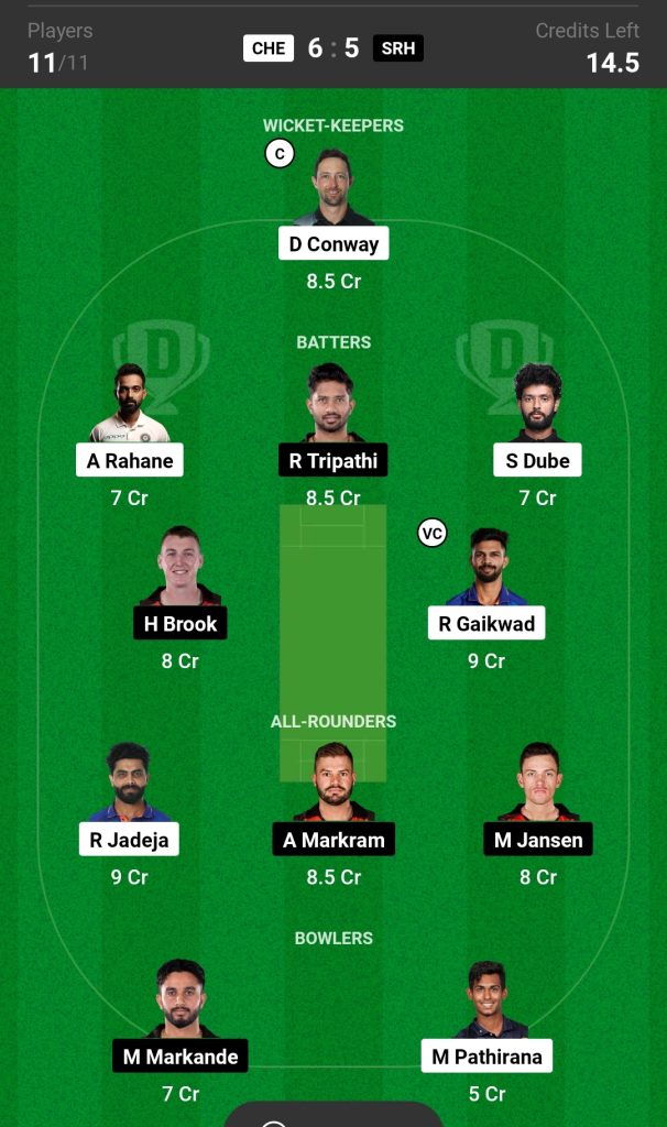 Head-to-Head Dream11 Team Prediction CSK vs SRH