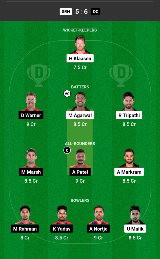 Grand League Dream11 Team Prediction SRH vs DC