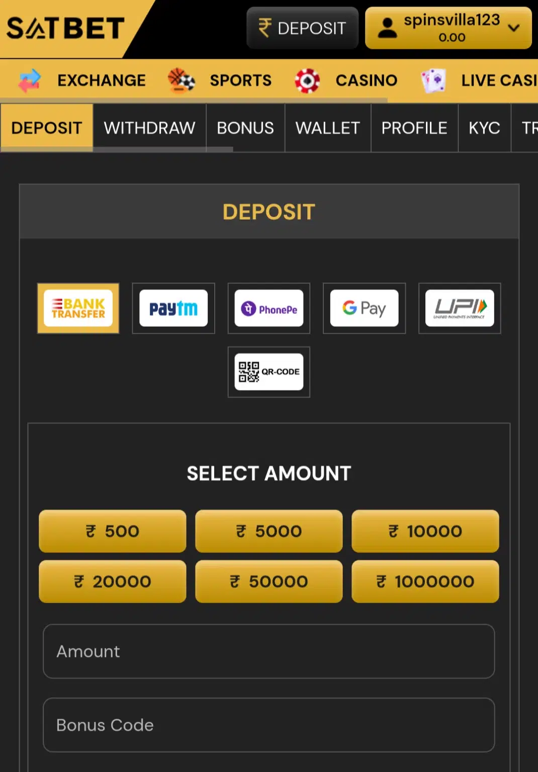 SatBet deposit methods